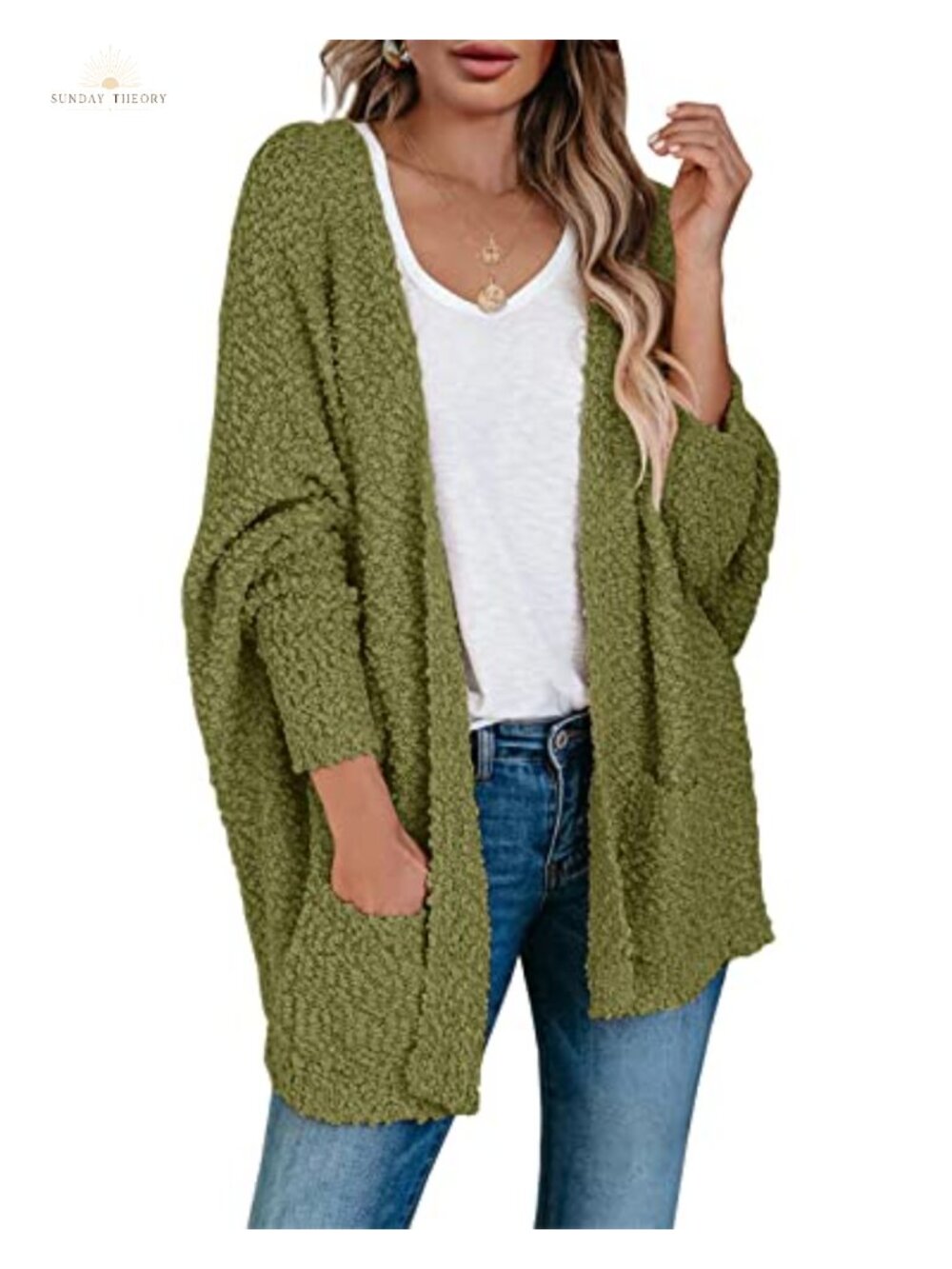 Womens Chunky Popcorn Knit Open Front Batwing Oversized Cardigan